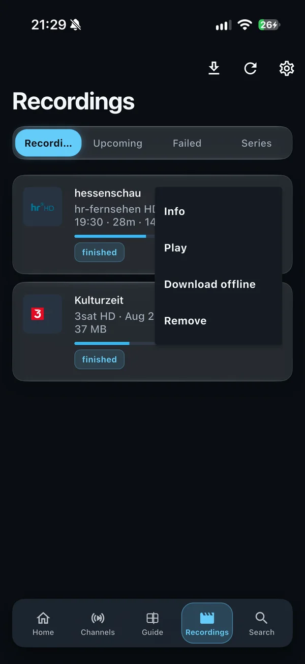 PlayTVH recordings on iPhone with the Download offline action.